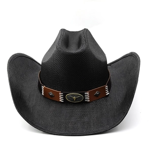 Detail of black western cowboy hat featuring leather band and bull head metal buckle