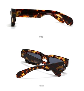 Side and back views of tortoiseshell square sunglasses with metal rivet accents