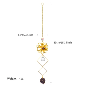Golden flower suncatcher with natural raw stone and crystal pendant, length 39cm
