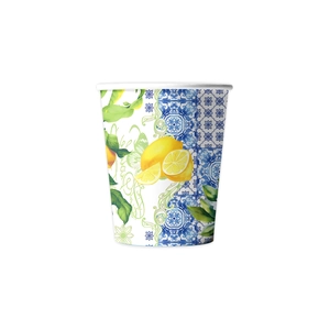 Mediterranean lemon and blue tile print disposable paper cups for summer fruit parties