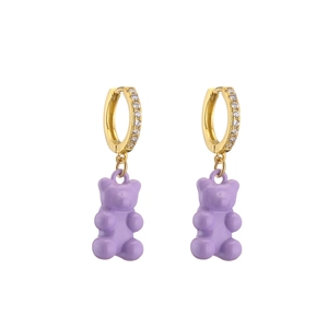 Orecchini a cerchio dorati con zirconi e ciondoli a forma di orsetto gommoso viola