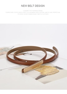 Detail view of a slim brown leather belt with a long gold polished metal buckle