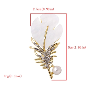 Golden feather brooch with pearl and crystal details showing exact measurements