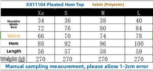 Detailed size chart for the pleated hem sleeveless vest showing measurements in centimeters