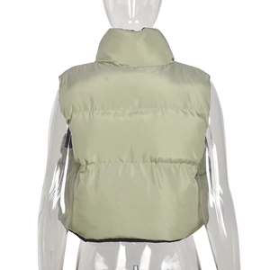 Back view of a cropped olive green puffer vest with stand collar and quilted texture