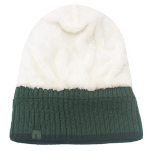 Knitted two-tone beanie with plush faux fur top and dark green ribbed ear protection