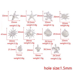 Silver ocean pendants set including starfish and shells with detailed sizes and weights