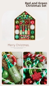 Detail of red and green Christmas ornaments with glitter patterns in a house box