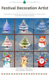 Macro view of Christmas window stickers featuring Santa, snowman, and tree designs