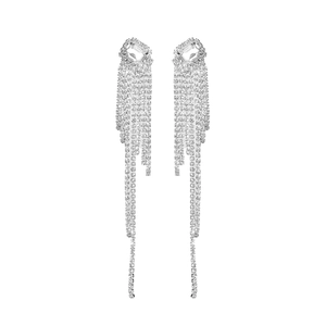Elegant long silver tassel drop earrings featuring shimmering crystals on a white background