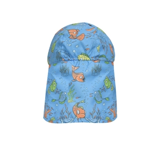 Detailed view of light blue toddler sun hat with ocean fish patterns and neck flap