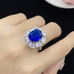 Elegant London blue sapphire open ring with halo of white zircon on silver band