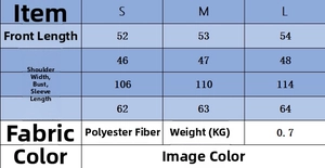 Size chart for women's quilted short-sleeved PU jacket with measurements and fiber details
