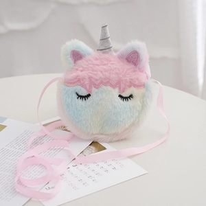 Cute unicorn plush crossbody bag for kids with silver horn and rainbow gradient design
