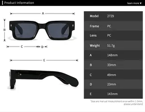 Detailed size chart and technical specifications for square frame sunglasses model 2729