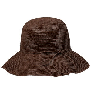 Handcrafted dark brown wide brim straw sun hat with woven ribbon bow for summer travel