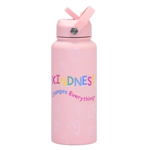Detailed close-up of pink matte water bottle with KINDNESS text and straw lid