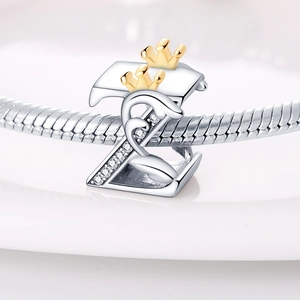 Macro shot of silver letter Z charm with gold crowns and sparkling crystals on a snake chain