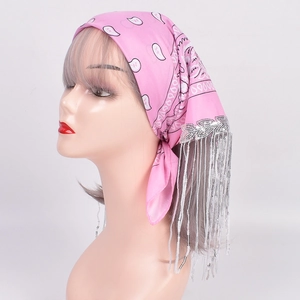 Pink paisley paisley bandana with silver sequin fringe for party events and head styling