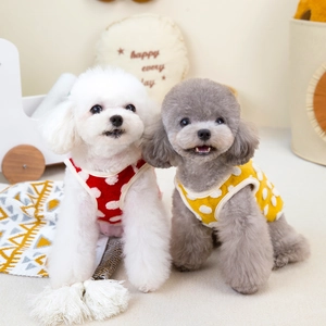 Soft fleece pet vests with 3D polka dots in red and yellow for small dogs or cats
