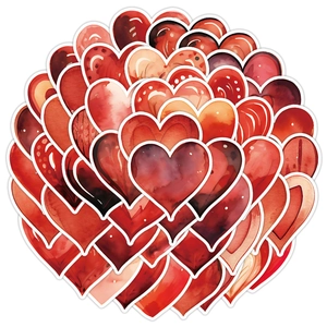 Detailed view of die-cut heart stickers with watercolor red and pink tones in a circular layout