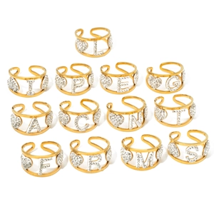 Set of 12 gold-plated stainless steel rings with letter and heart rhinestone designs