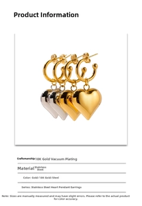 Detail view of heart drop earrings in 18K gold vacuum plated stainless steel