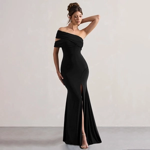 Close-up of elegant off-the-shoulder mesh neckline on this slimming black evening dress