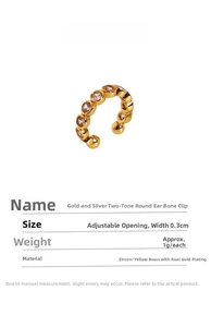 Detail view of gold-plated brass ear cuff with zircon inlay and product specifications