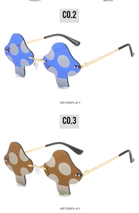 Detail view of mushroom rimless sunglasses with blue and brown polka dot lenses