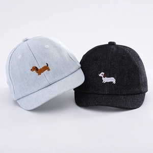 Kids denim baseball cap with cute dachshund puppy embroidery in light blue and grey