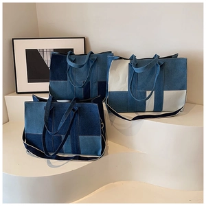 Large capacity denim patchwork tote bags in three colors for casual daily commuting