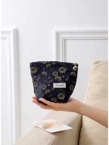 Daisy pattern navy blue canvas makeup bag with gold floral zipper for travel