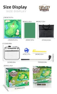 Tabla detallada de tallas de set de golf infantil con medidas de alfombra y palos