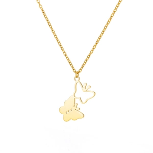 Detail view of 18k gold plated double butterfly heart necklace with hollow design