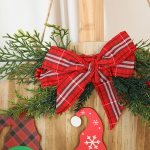 Christmas wooden welcome door sign with Rudolph reindeer doll and plaid bow decoration