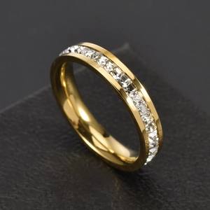 Polished gold plated titanium steel eternity ring with square cubic zirconia stones