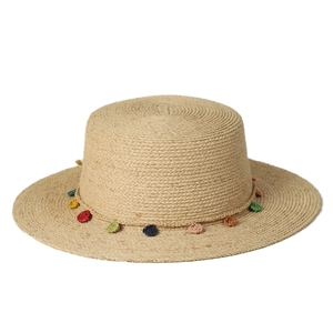 Boho beige raffia sun hat with colorful crochet circles and wide flat brim for summer beach