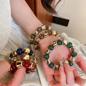 Acrylic colorful beads and golden square cubes elastic bracelets for women fashion