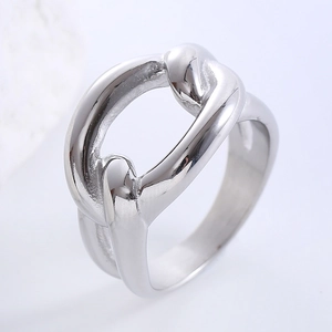 Minimalist silver stainless steel ring featuring a modern hollow chain link design