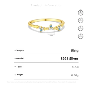 Detailed size chart for S925 sterling silver ring with blue and white zircon stones