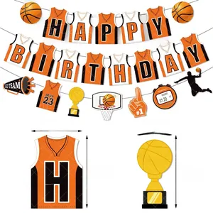 Détail des bannières d'anniversaire basketball avec dimensions du maillot et du trophée