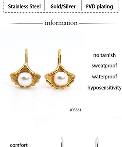 Close-up of fan-shaped stainless steel drop earrings featuring white pearls in gold finish