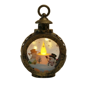 Vintage bronze Christmas lantern with LED candle and snowman scene decor