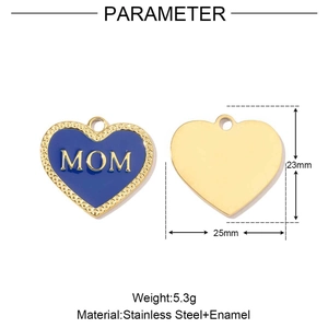 Close-up of heart-shaped MOM pendant with blue enamel, dimensions 25mm x 23mm