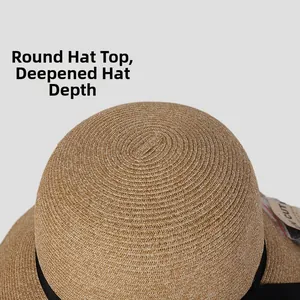 Close-up of the spiral woven pattern and round top on the straw sun hat detail