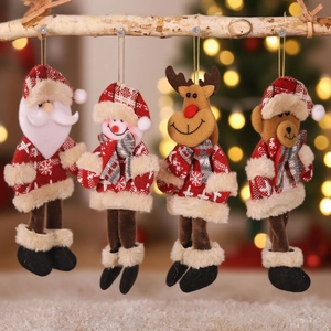 Christmas Tree Hanging Ornaments Long Leg Plush Dolls Santa Snowman Reindeer Bear Knitted Plaid For Holiday Home Decor