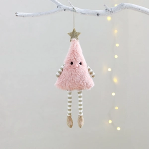 Pink plush Christmas tree ornament with long striped legs and a gold star top on a branch