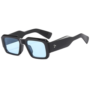 Classic square black sunglasses with light blue lenses and thick wave-shaped temples