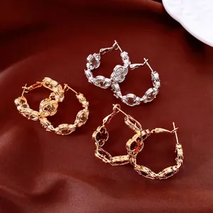 Boucles D'oreilles Créoles Fleur Trèfle Vintage Pour Femmes Avec Tige En Argent Plaquées Or 18 Carats Alliage Verre
